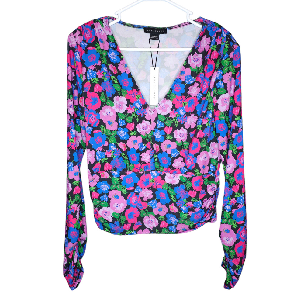 Sanctuary All Eyes On Me Purple Floral Blouse XL NWT Long Sleeve V-Neck Top